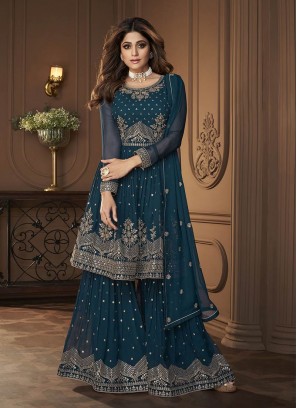 Teal Color Georgette Sequins Embroidered Plazzo Suit