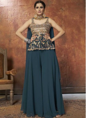 Teal Color Georgette Sequins Work Palazzo Suit