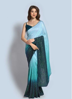 Teal Color Georgette Sequins Work Saree