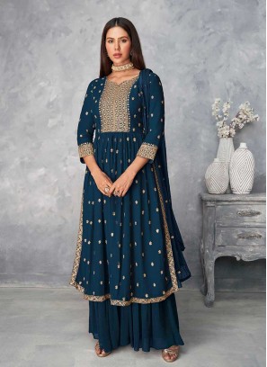 Teal Color Georgette Sequins Work Sharara Suit
