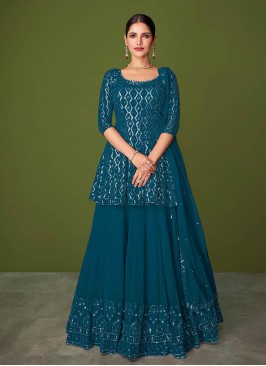 Teal Color Georgette Sequins Work Straight Cut Suit