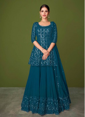Teal Color Georgette Sequins Work Straight Cut Suit