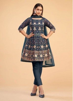 Teal Color Georgette Thread Embroidered Suit