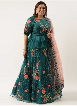 Teal Color Net Embroidered Lehenga