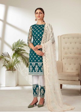 Teal Color Net Embroidered Pakistani Suit