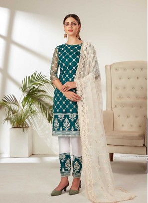 Teal Color Net Embroidered Pakistani Suit