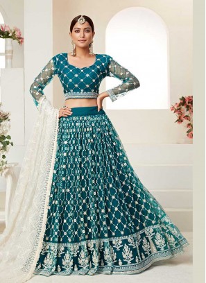 Teal Color Net Festive Wear Lehenga Choli