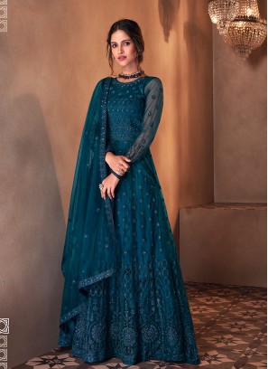 Teal Color Net Long Dresses For Women