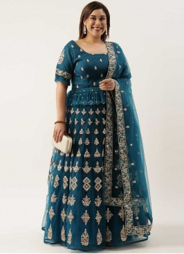 Teal Color Net Mirror Work Lehenga