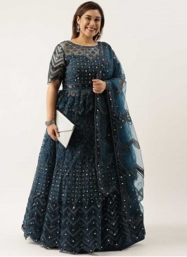 Teal Color Net Mirror Work Lehenga
