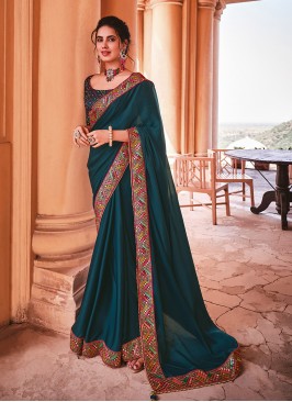 Teal Color Organza Silk Lace Border Saree