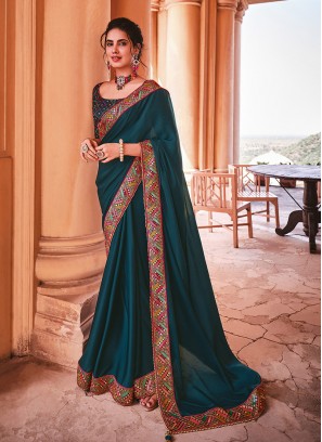 Teal Color Organza Silk Lace Border Saree