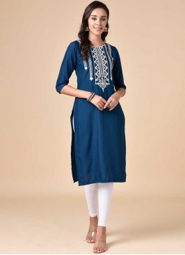 Teal Color Rayon Embroidered Fancy Kurti
