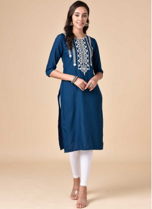 Teal Color Rayon Embroidered Fancy Kurti