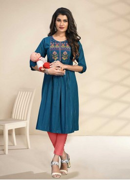Teal Color Rayon Embroidered Special Maternity Kurti