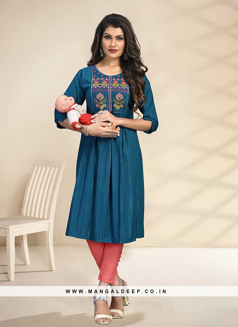 Teal Color Rayon Embroidered Special Maternity Kurti