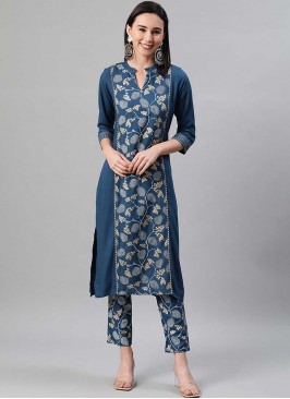 Teal Color Rayon Kurti With Bottom