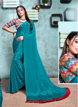 Teal Color Saree With Printed Blouse