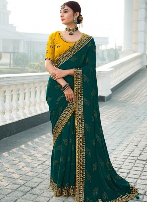 Teal Color Satin Chiffon Adorable Saree