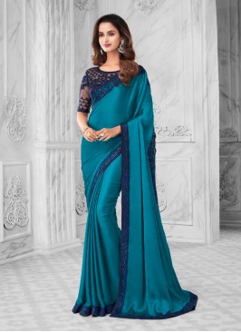 Teal Color Satin Chiffon Saree