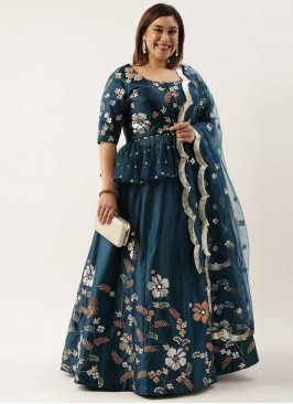 Teal Color Satin Silk Plus Size Lehenga