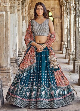 Teal Color Sequins Work Georgette Classic Lehenga