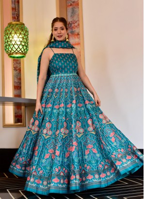 Teal Color Silk Cotton Readymade Gown
