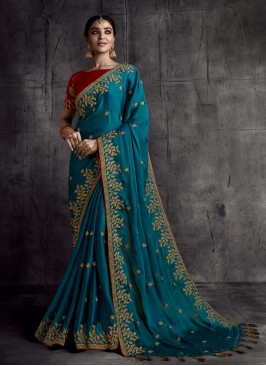 Teal Color Silk Embroidered Saree