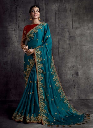 Teal Color Silk Embroidered Saree