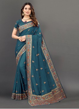 Teal Color Silk Embroidered Wedding Wear Saree