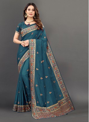 Teal Color Silk Embroidered Wedding Wear Saree