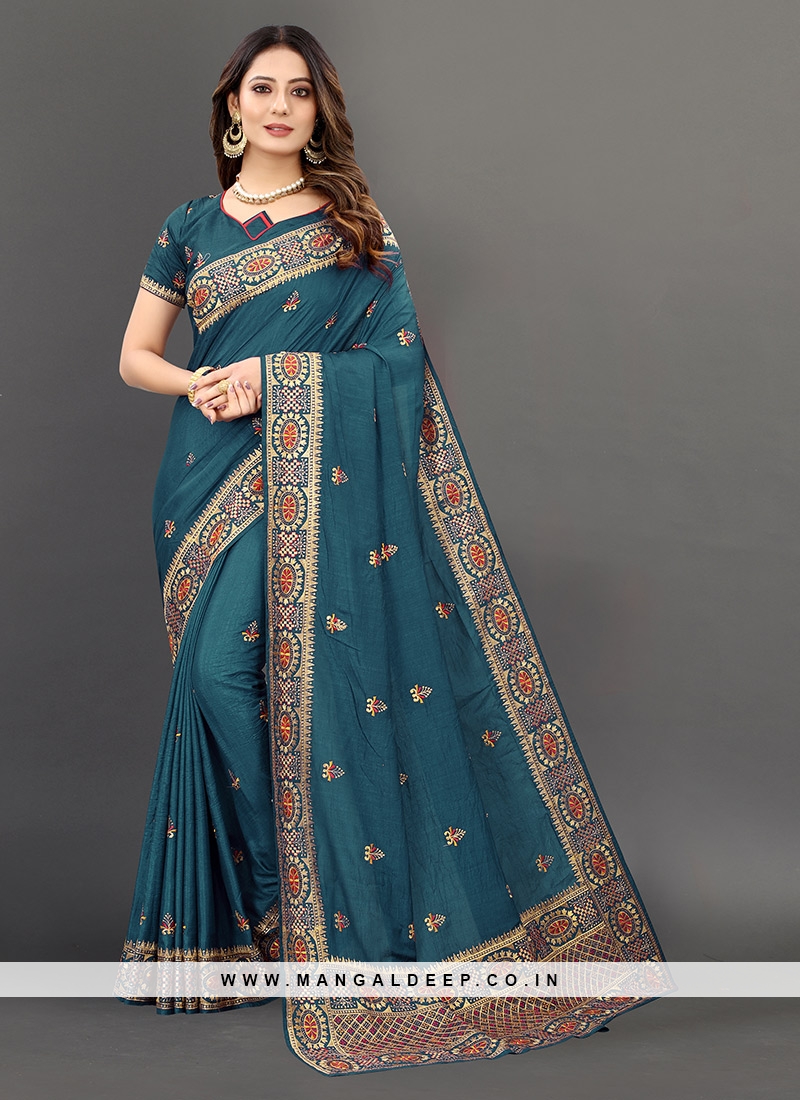 Teal Color Silk Embroidered Wedding Wear Saree