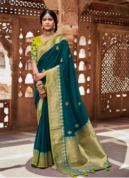 Teal Color Silk Latest Design Saree