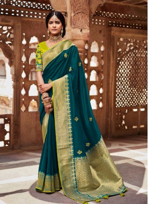 Teal Color Silk Latest Design Saree