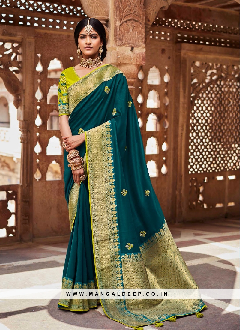 Buy Teal Green Designer Party Wear Satin Silk Saree | Party Wear Sarees