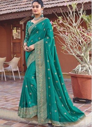 Teal Color Silk Party Wear Saree