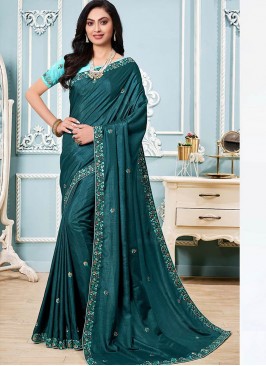 Teal Color Silk Saree For Part