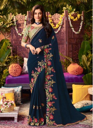 Teal Color Silk Sequins Work Saree