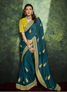 Teal Color Silk Wedding Wear Saree