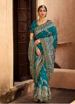 Teal Color Silk Wedding Wear Saree