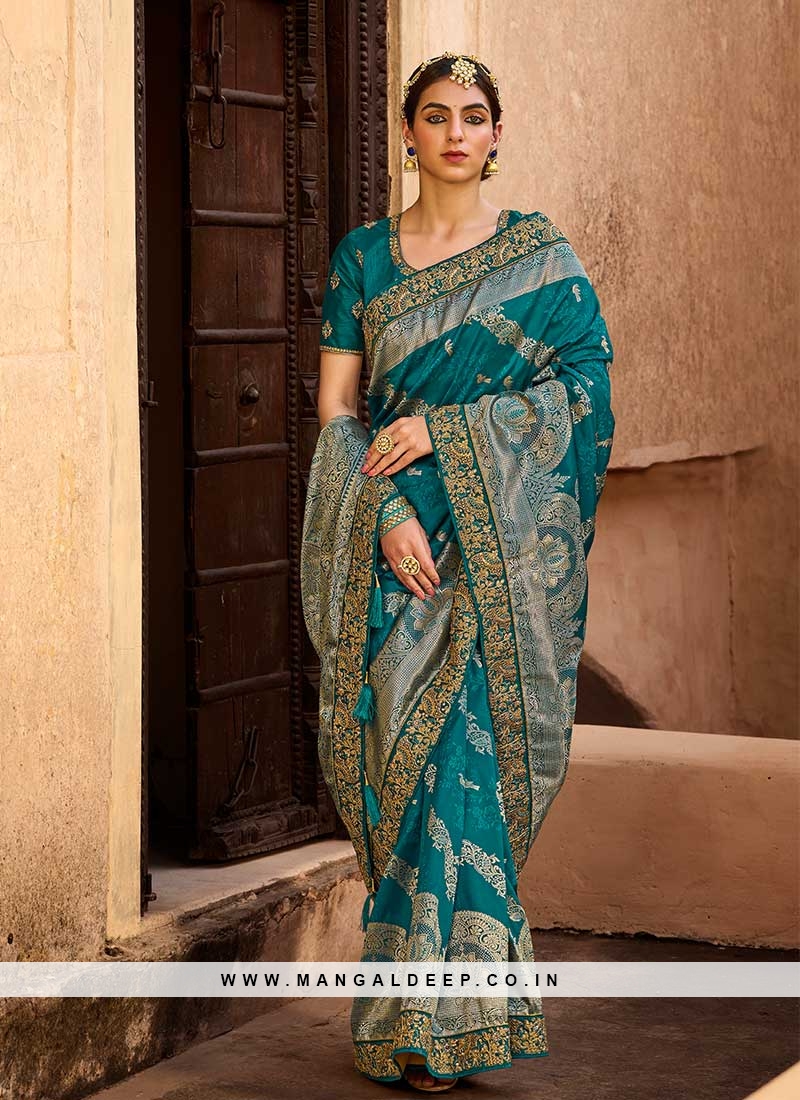 Teal Blue Color Silk Sequins Work Party Wear Plus Size Saree