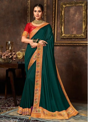 Teal Color Vichitra Silk Lace Border Saree