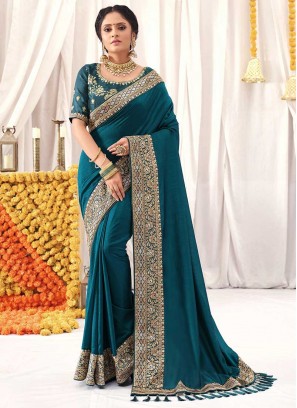 Teal Color Vichitra Silk Party Wear Saree