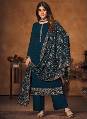 Teal Cutwork Straight Salwar Kameez