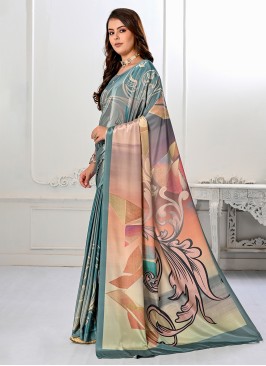 Teal Digital Print Festival Trendy Saree