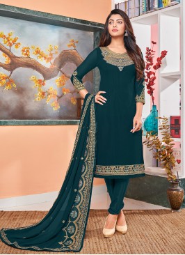 Teal Embroidered Churidar Designer Suit