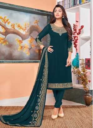 Teal Embroidered Churidar Designer Suit