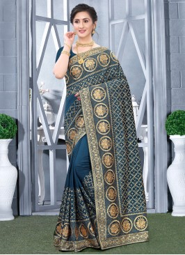 Teal Embroidered Designer Traditional Saree