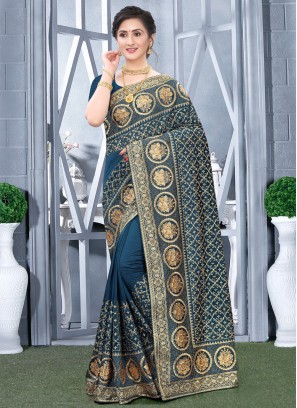 Teal Embroidered Designer Traditional Saree