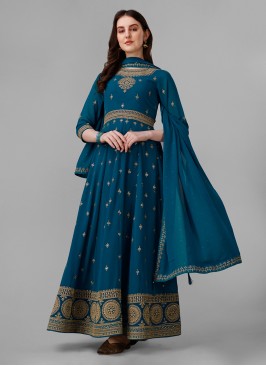 Teal Embroidered Faux Georgette Designer Salwar Kameez